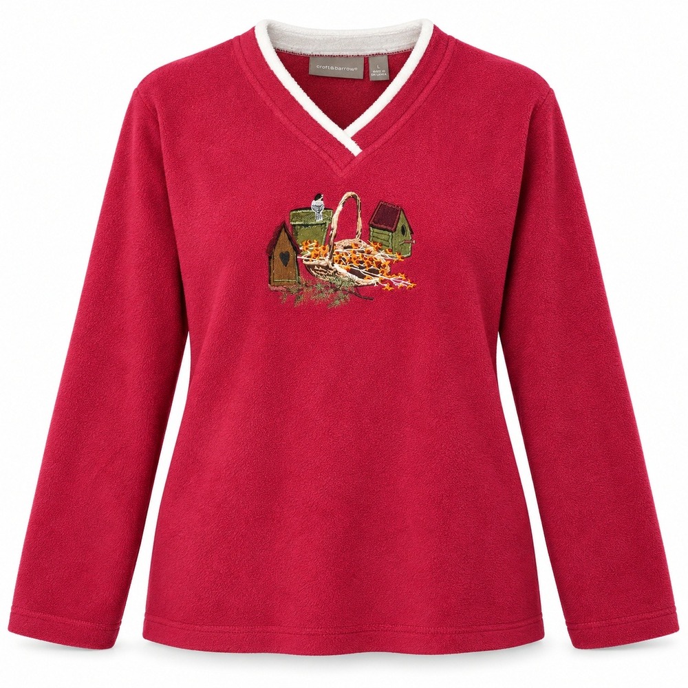 Vintage 90s Croft & Barrow L Birdhouse Embroidered Fleece Pullover Grandmacore